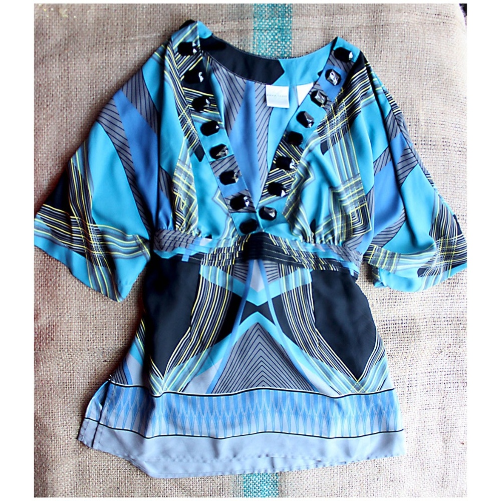 Sexy Embellished Print Blouse Silky Blue NWOT